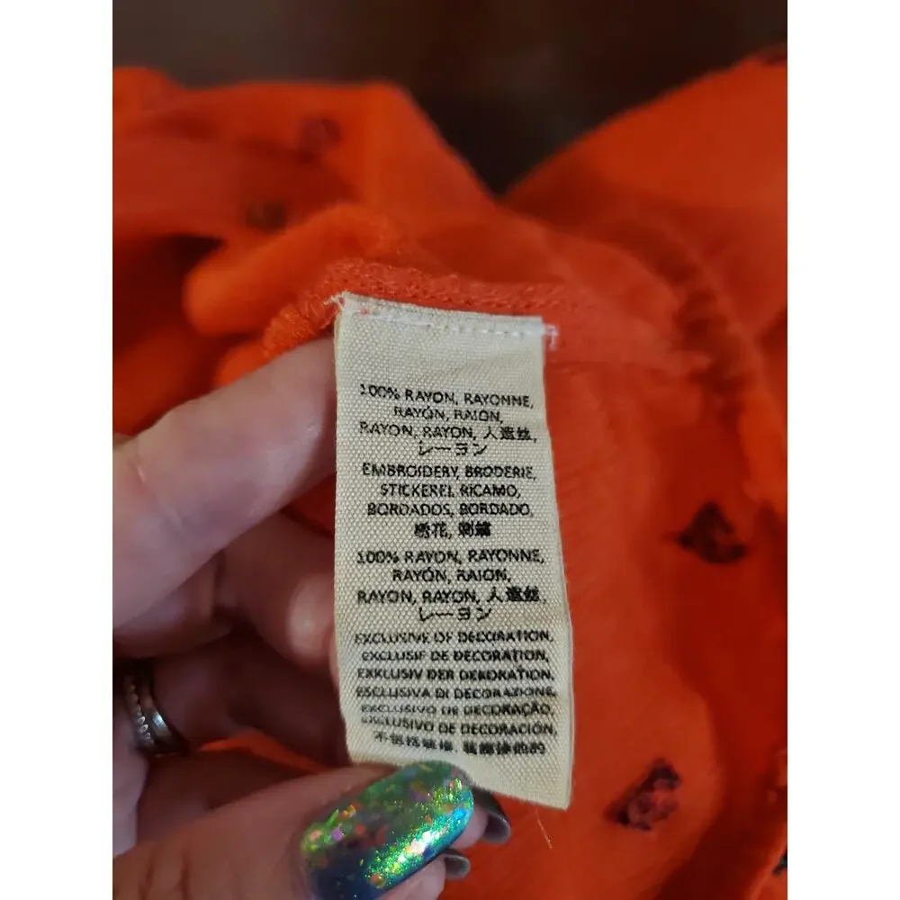 Free People Music In Time Embroidered Beaded V-Neck Blouse Top Sz S Orange Boho